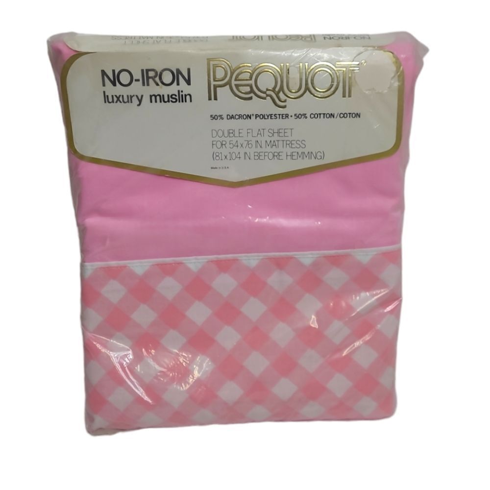 NEW Vintage 70s pink checkmates barbiecore double flat sheet luxury muslin